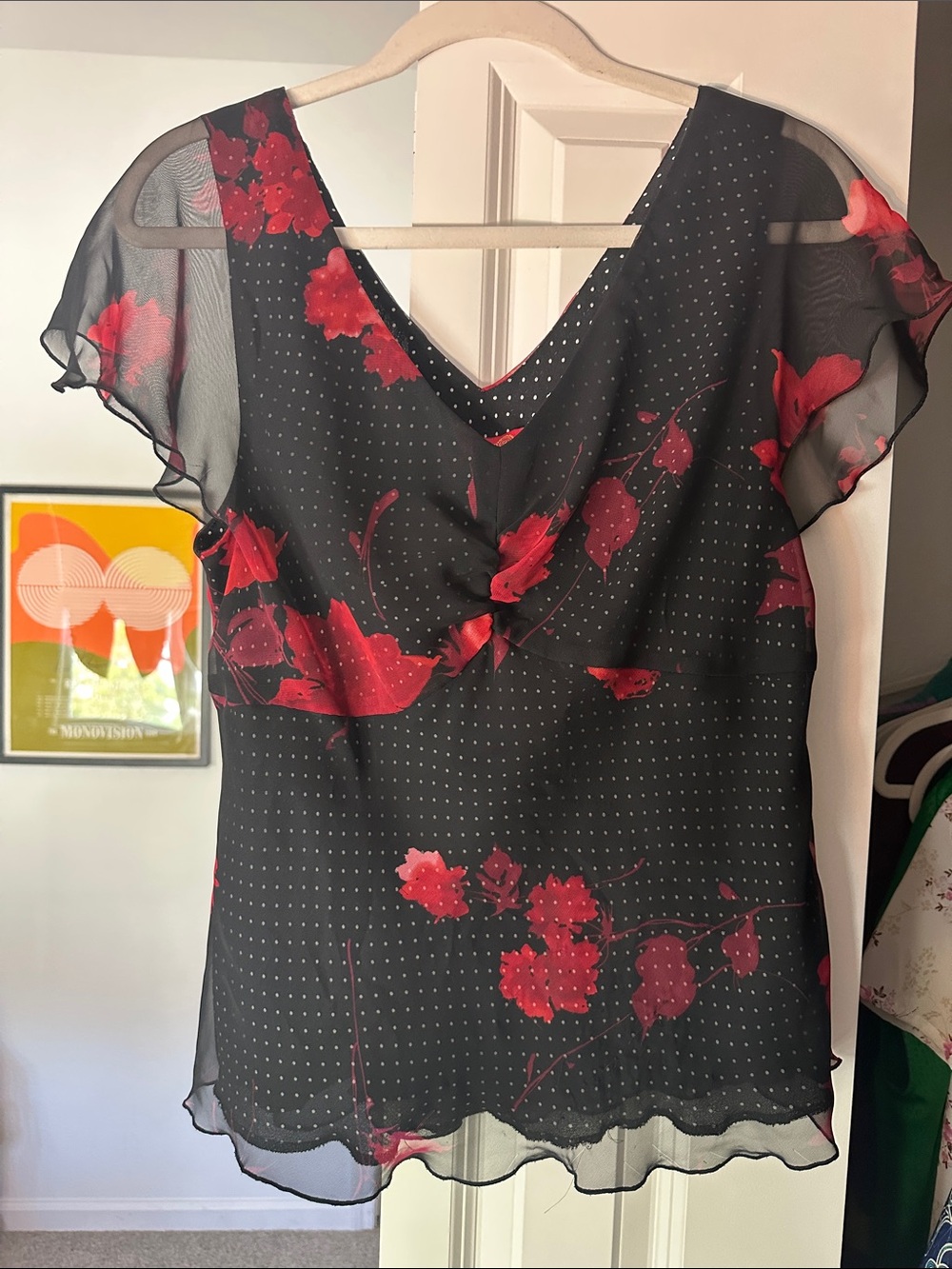 Sheer Black Floral V-Neck Womens Top - Red Floral